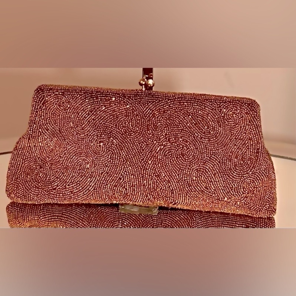 COPY - Gently Used BLOOMINGDALE’S Rust Colored Beaded Clutch W/Rhinestone/Gold … - Picture 2 of 4